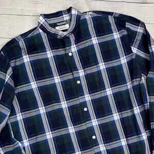 Shuttle Notes (JAPAN) Men's Navy Green Plaid Buttoned Band Collar Shirt Large